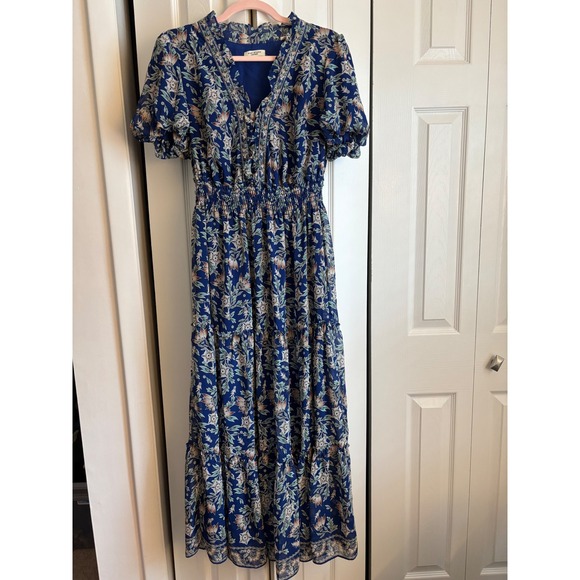 Max Studio London Boho Floral Maxi Dress Large Smocked Waist Puff Sleeve - Picture 2 of 11